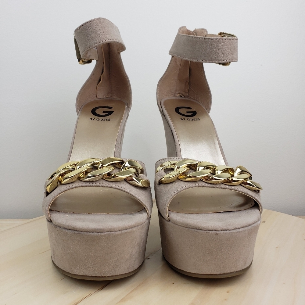 Guess Platform Wedge Heel Shoes Size 8.5M Ankle Strap Sandals Y2K Beige Gold - Picture 5 of 14